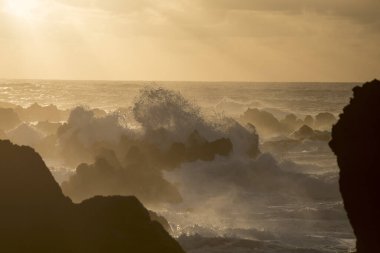 Portekiz 'in Atlantik Okyanusu' ndaki Madeira Adası 'ndaki Porto Moniz kasabasında gün batımında dalgalar ve rüzgar. Madeira, Porto Moniz, Nisan 2018