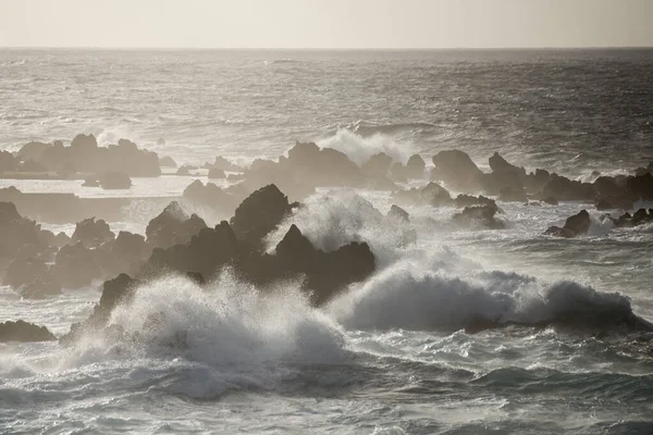 在葡萄牙大西洋马德拉岛的莫尼兹港 Porto Moniz 海浪和风刮过海岸 Madeira Porto Moniz April 2018 — 图库照片