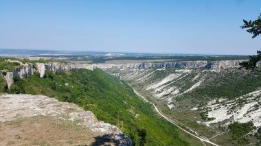 Dağın manzarası, yazın kayalar ve vadi. Kırım, güzel manzara. Seyahat arkaplanı.