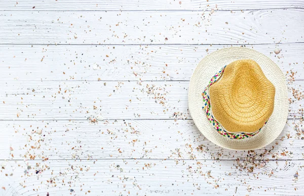 Straw Hat Pastel Yellow Background Summer Concept Top View Flat — Stock Photo, Image