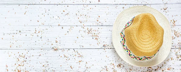 Straw Hat Pastel Yellow Background Summer Concept Top View Flat — Stock Photo, Image