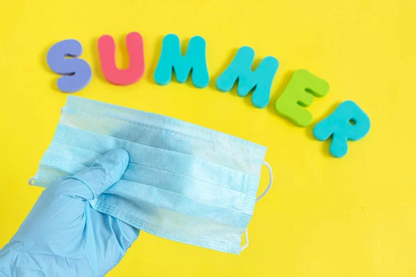 Word Summer Made Colorful Letters Medical Protective Mask Yellow Background — Stock Photo, Image