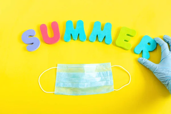 Word Summer Made Colorful Letters Medical Protective Mask Yellow Background — Stock Photo, Image