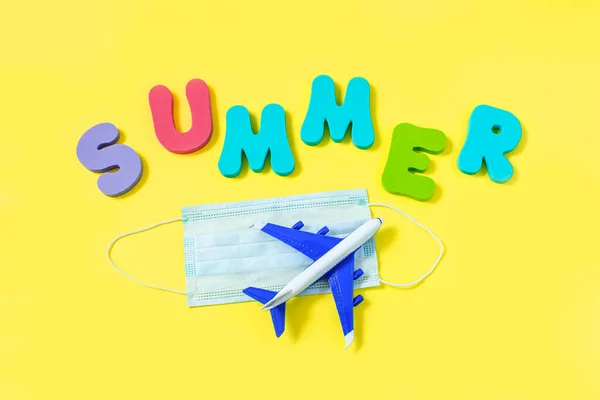 Word Summer Made Colorful Letters Airplane Model Respiratory Protection Medical — Stock Photo, Image