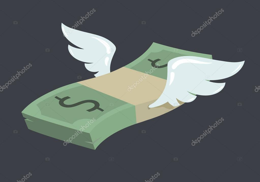 Flying stack of dollar banknotes, winged american currency in flat vector cartoon style
