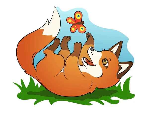 Mignon petit renard jouer avec papillon — Image vectorielle