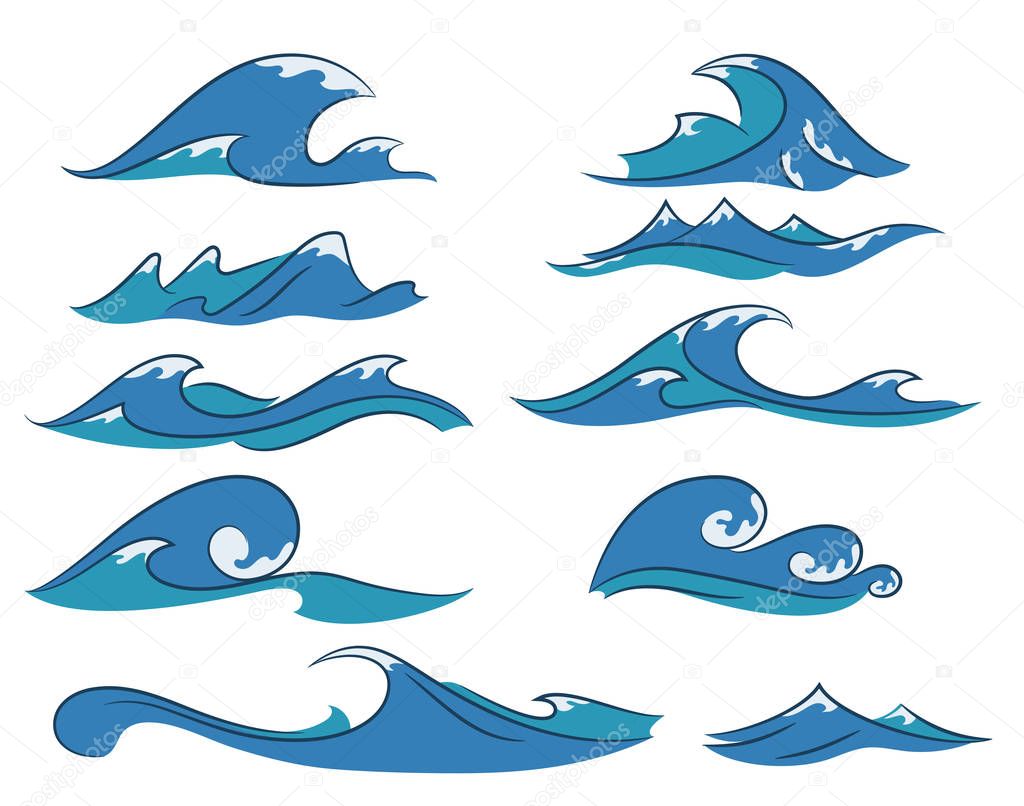 Set of hand drawn cartoon ocean waves on the white background, nautical elements for your design