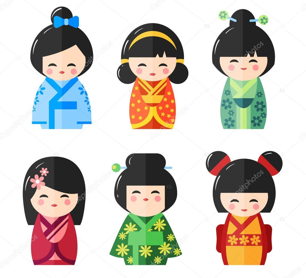 Japanese Kokeshi Dolls, vector icons