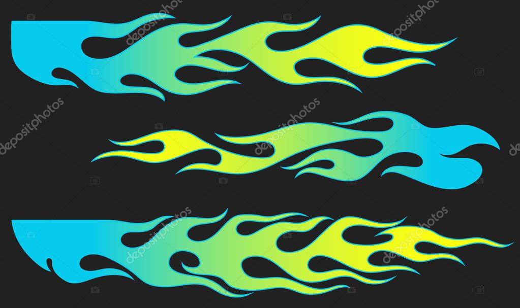 Fire flames, blue and yellow gradient colored, isolated vector elements