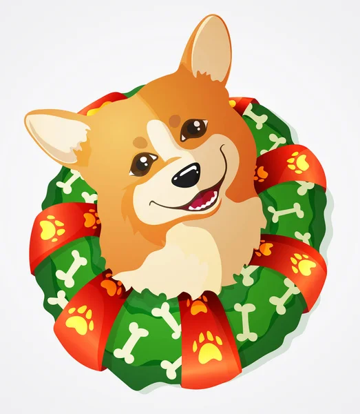 Cão de Corgi galês bonito e grinalda de Natal, ilustração do vetor dos desenhos animados — Vetor de Stock