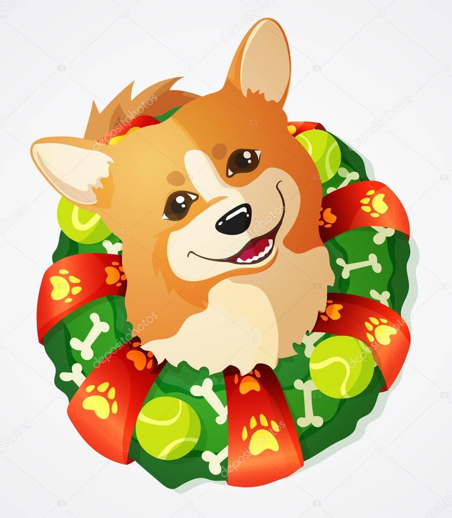 Cute Welsh Corgi dog and Christmas Wreath, cartoon vector illustration