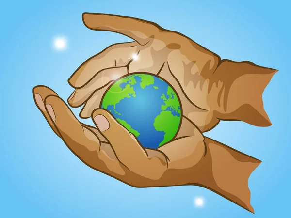 Zwei Hände halten den Planeten Erde, schätzen den Globus, Vektorillustration — Stockvektor