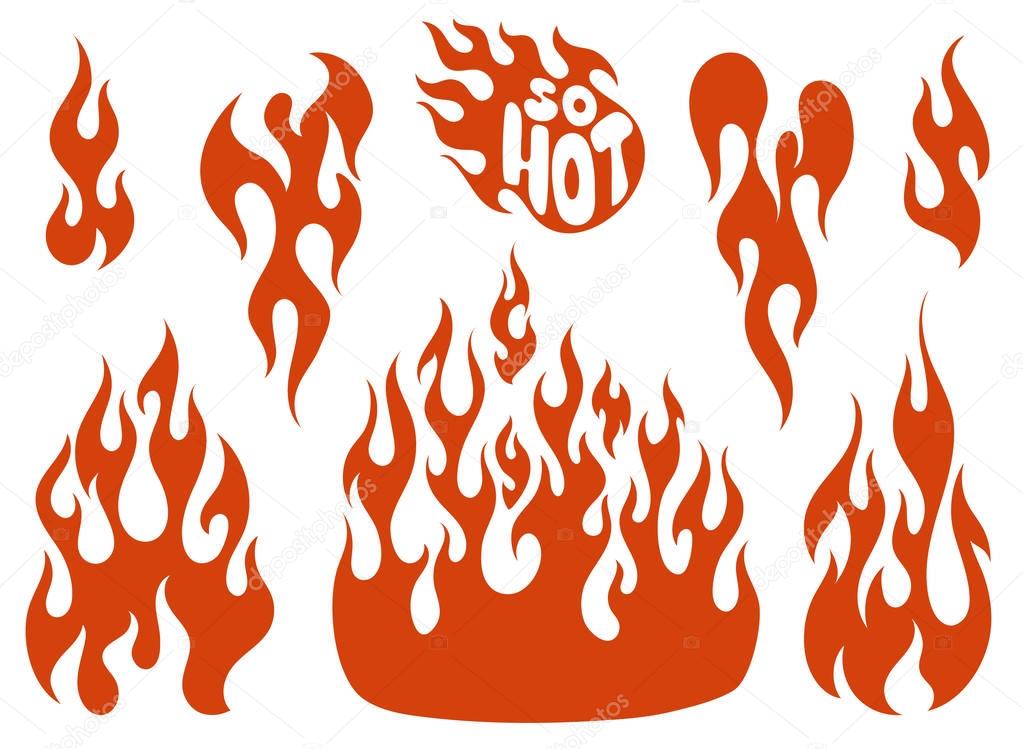 Red fire, old school flame elements set, isolated vector illustration