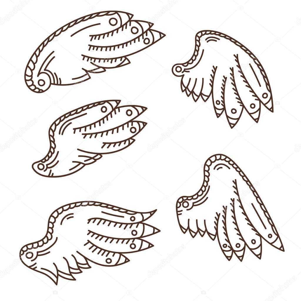 Wings icons, hand drawn vector set
