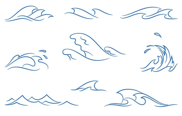 Conjunto de vectores de un diferente simple estilizado rayas olas del océano — Archivo Imágenes Vectoriales