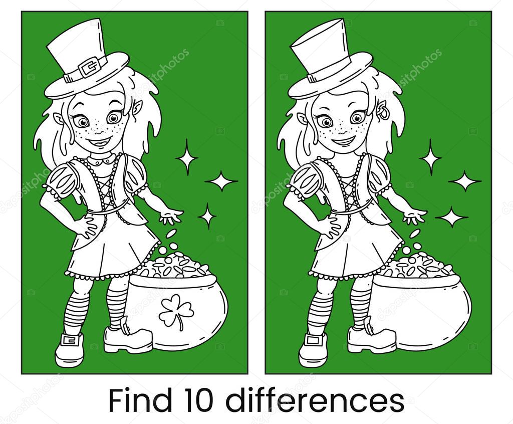 Cute cartoon irish leprechaun girl with the pot full of golden coins. Outline vector illustration for St. Patricks Day