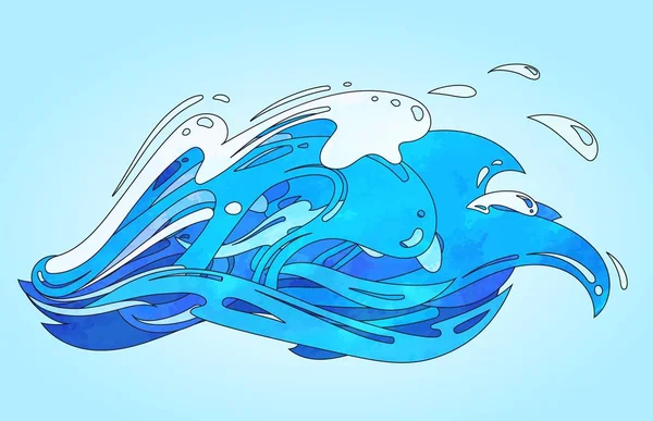 Cartoon blue wave with a drops and splashes, vecrtor illustration — Stock Vector