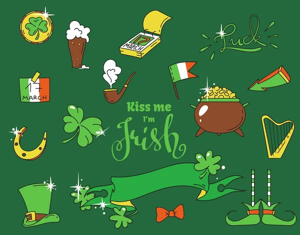 Elementos de desenhos animados desenhados à mão simples para o Dia Irlandês de St. Patricks — Vetor de Stock