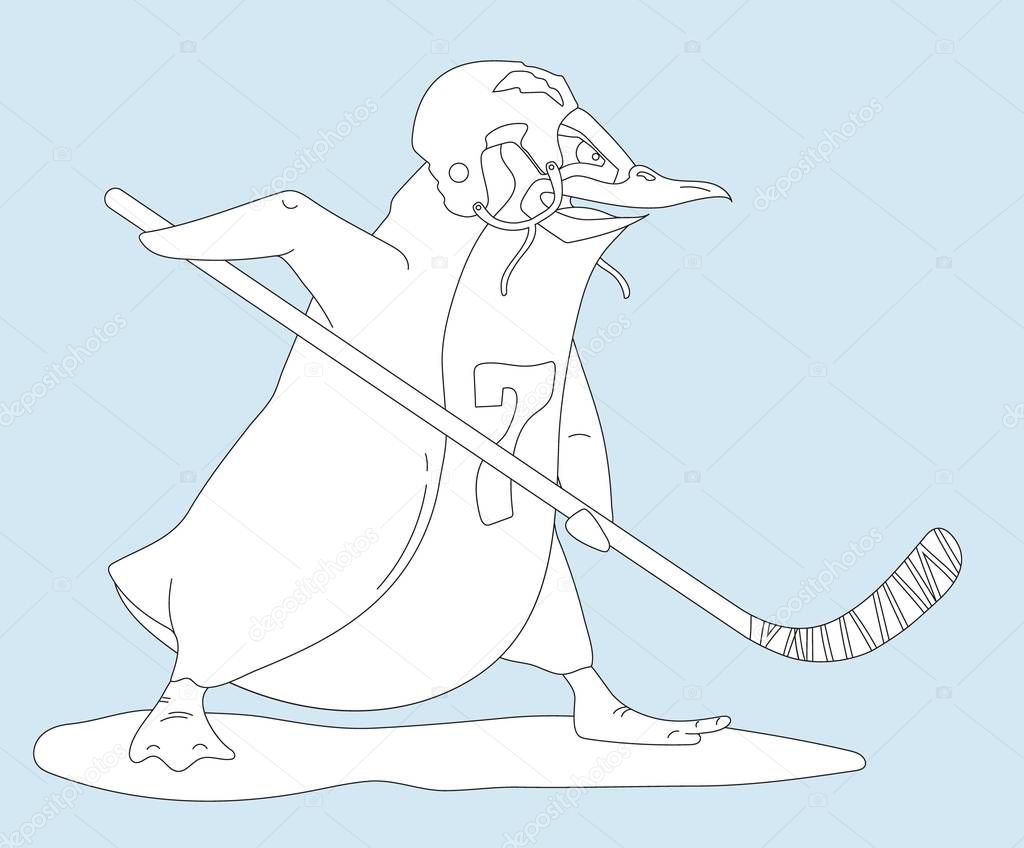Aggressive penguin hockey player, coloring page