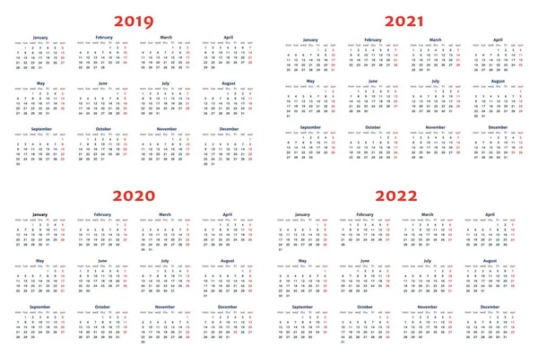 투명 한 배경에서 2019 2022 년 달력 — 스톡 벡터