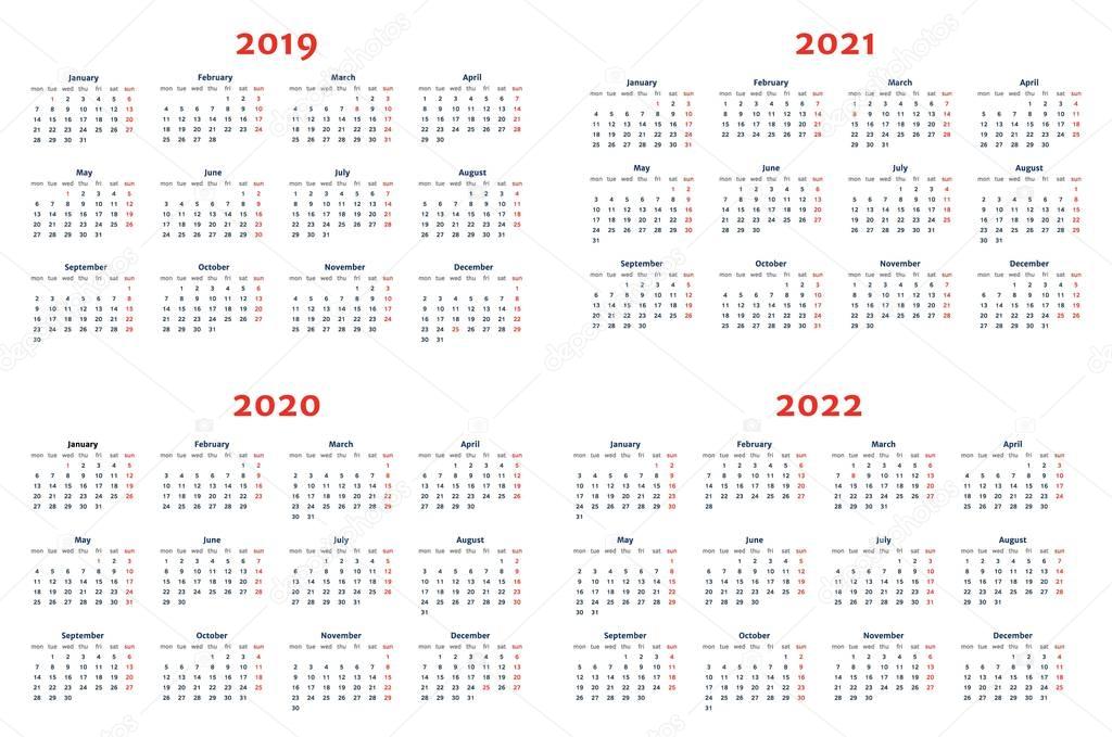 ✓ Calendar for 2019-2022 Years on Transparent Background. Week