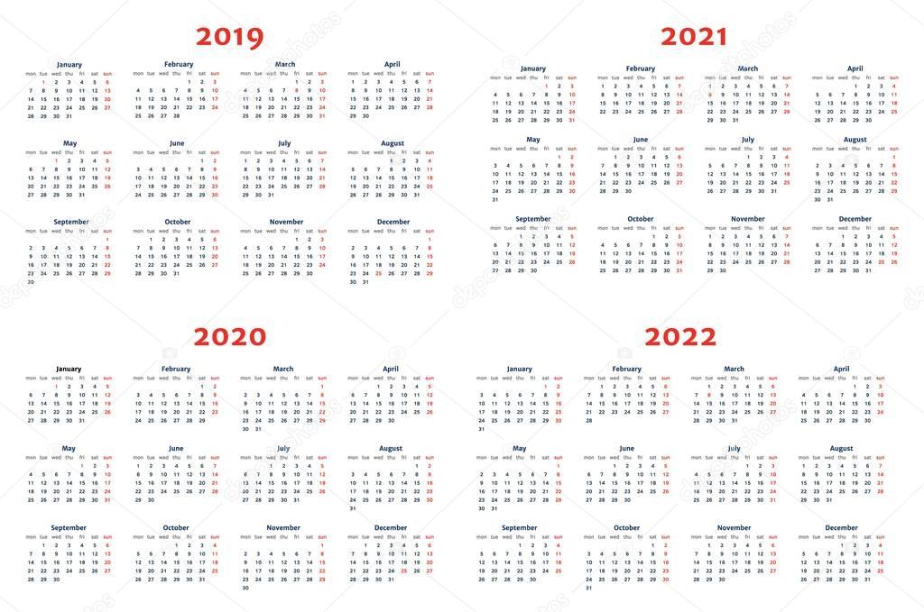 Calendar for 2019-2022 Years on Transparent Background