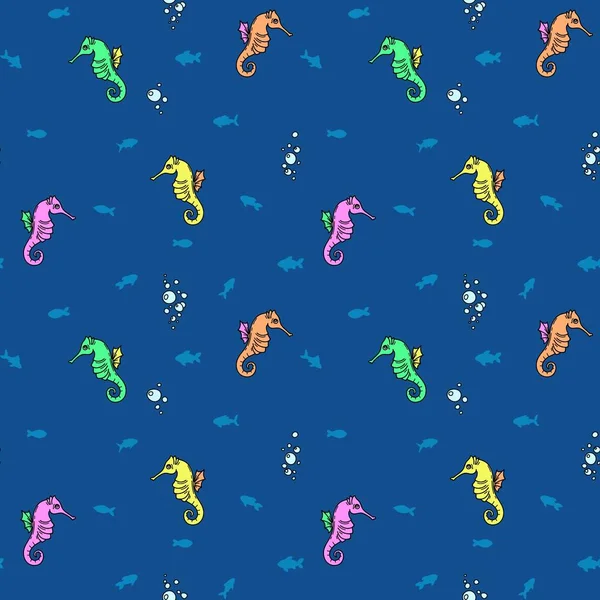 Ocean life doodle seahorse seamless pattern — Stock Vector
