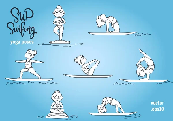 Paddle board yoga poses vector conjunto — Archivo Imágenes Vectoriales