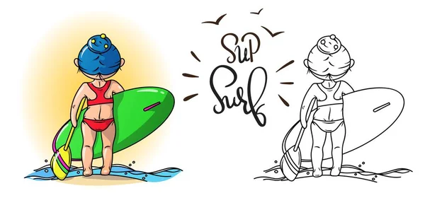 Stand Up Paddle Ilustración de surf, una chica con una tabla y una paleta, imagen vectorial — Archivo Imágenes Vectoriales