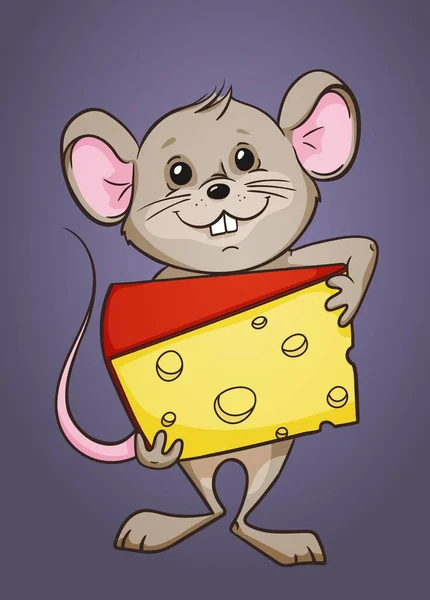 Cartoon mouse with a piece of cheese in its arms, color vector illustration — Stock Vector