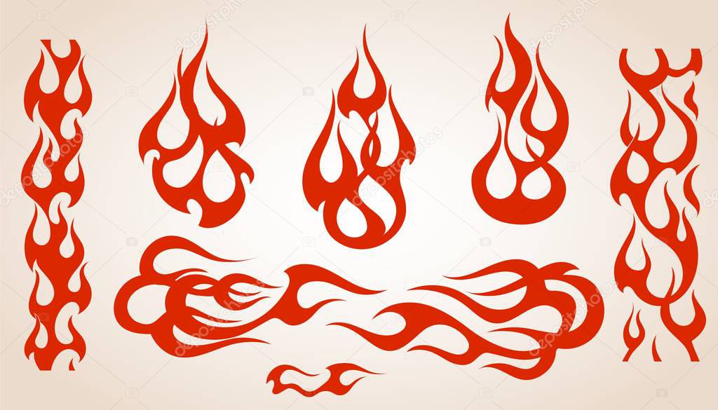 Red flame elements set, vector illustration