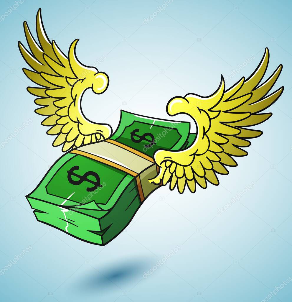 Flying stack of dollar banknotes, winged american currency, hand drawn vector illustration
