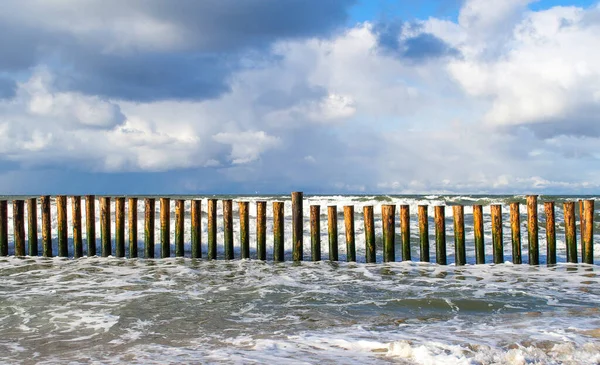 Wellenbrecher aus Holz an der Küste des Meeres — Stockfoto