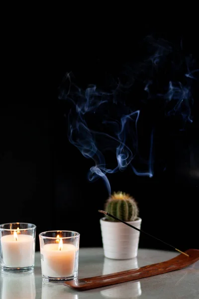 Composition Relaxation Candles Incense Cactus Black Background Fume — Stock Photo, Image