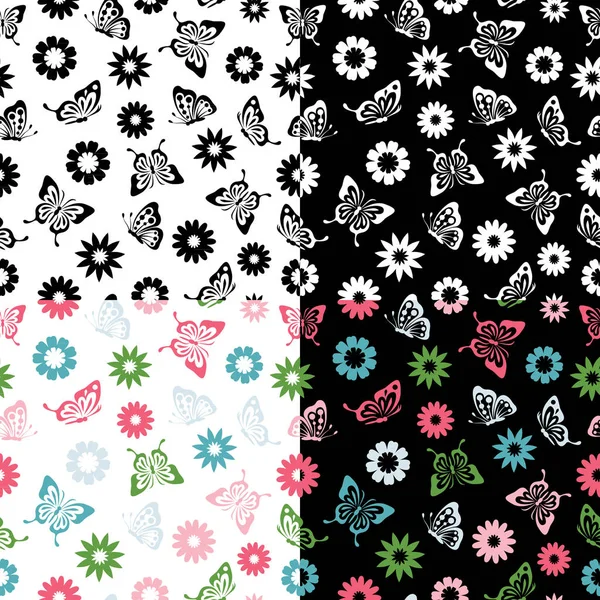 Conjunto de vectores Mariposas flores patrón sin costuras — Archivo Imágenes Vectoriales