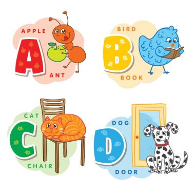Alfabe harf A B C D karınca, kuş, kedi, köpek