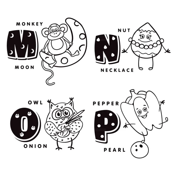 Alphabet letter M N O P depicting an monkey, nut, owl and pepper. Vector alphabet — Stock Vector