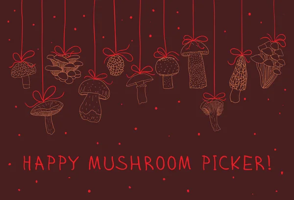 Happy mushroom picker Greeting card. Vector. — Stock Vector