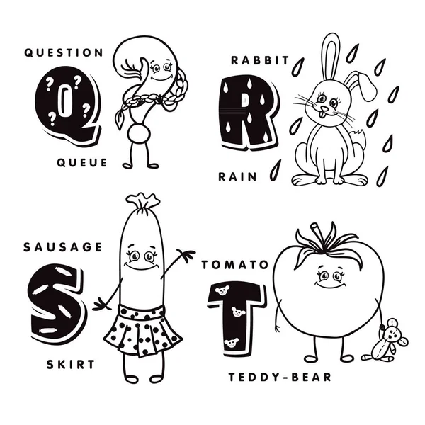 Alfabet letter Q R S T beeltenis van een vraag, konijn, worst en tomaat. Vector alfabet — Stockvector