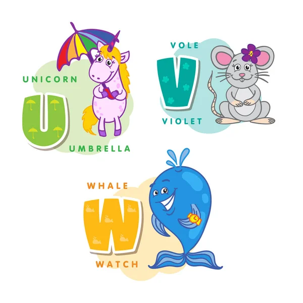 Alfabeto Bambini Lettera colorata U V W — Vettoriale Stock