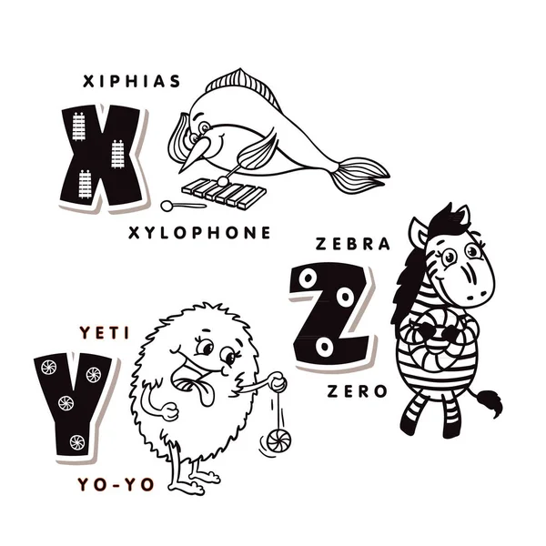 Alfabe harf X Y Z bir hiphias, yeti ve zebra tasvir. Vektör alfabesi