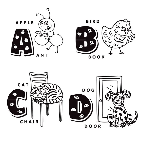 Litery A B C D przedstawiające ant, ptak, kot i pies. Alfabet wektor Ilustracja Stockowa