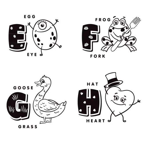 Alfabet litery E F G H przedstawiający jajko, żaba, gęsi i serca. Alfabet wektor Wektor Stockowy