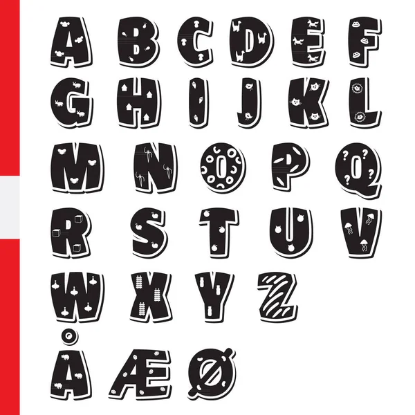 Mignon drôle alphabet danois enfantin. Illustration de police vectorielle — Image vectorielle