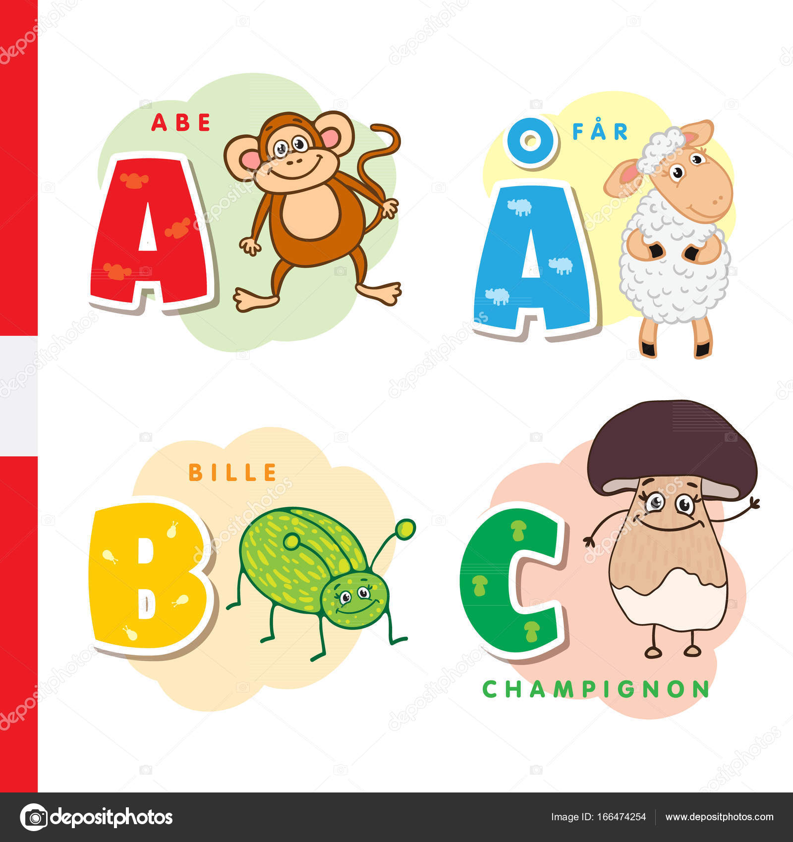 Vettoriale stockAlfabeto danese. Scimmia, pecora, scarabeo, fungo. Lettere  e caratteri vettoriali . di ©Lyusjen #166474254, image size:1600x1700