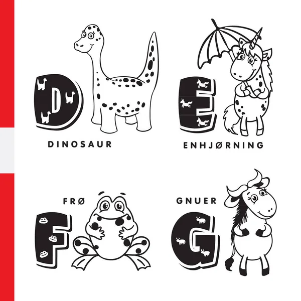 Danimarka alfabe. Dinozor, tek boynuzlu at, kurbağa, antilop. Vektör harf ve karakter.