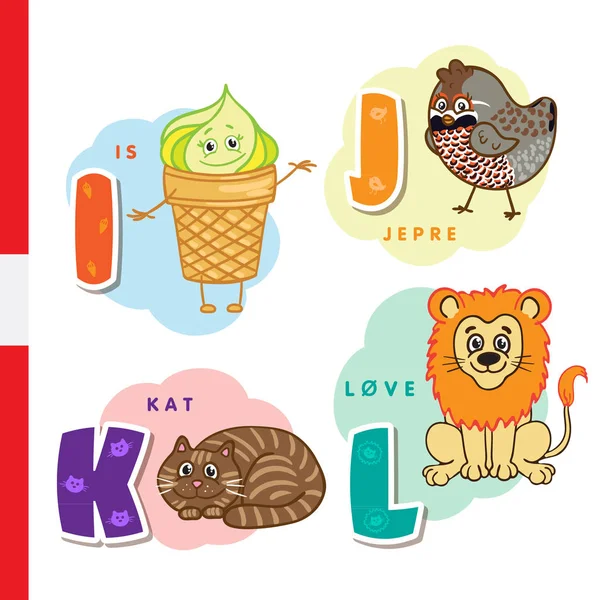 Deense alfabet. Ice cream, hazel grouse, kat, Leeuw. Vector letters en tekens. — Stockvector