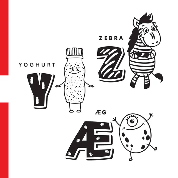 Duński alfabet. Jogurt, zebra, jajko. Wektor liter i znaków — Wektor stockowy