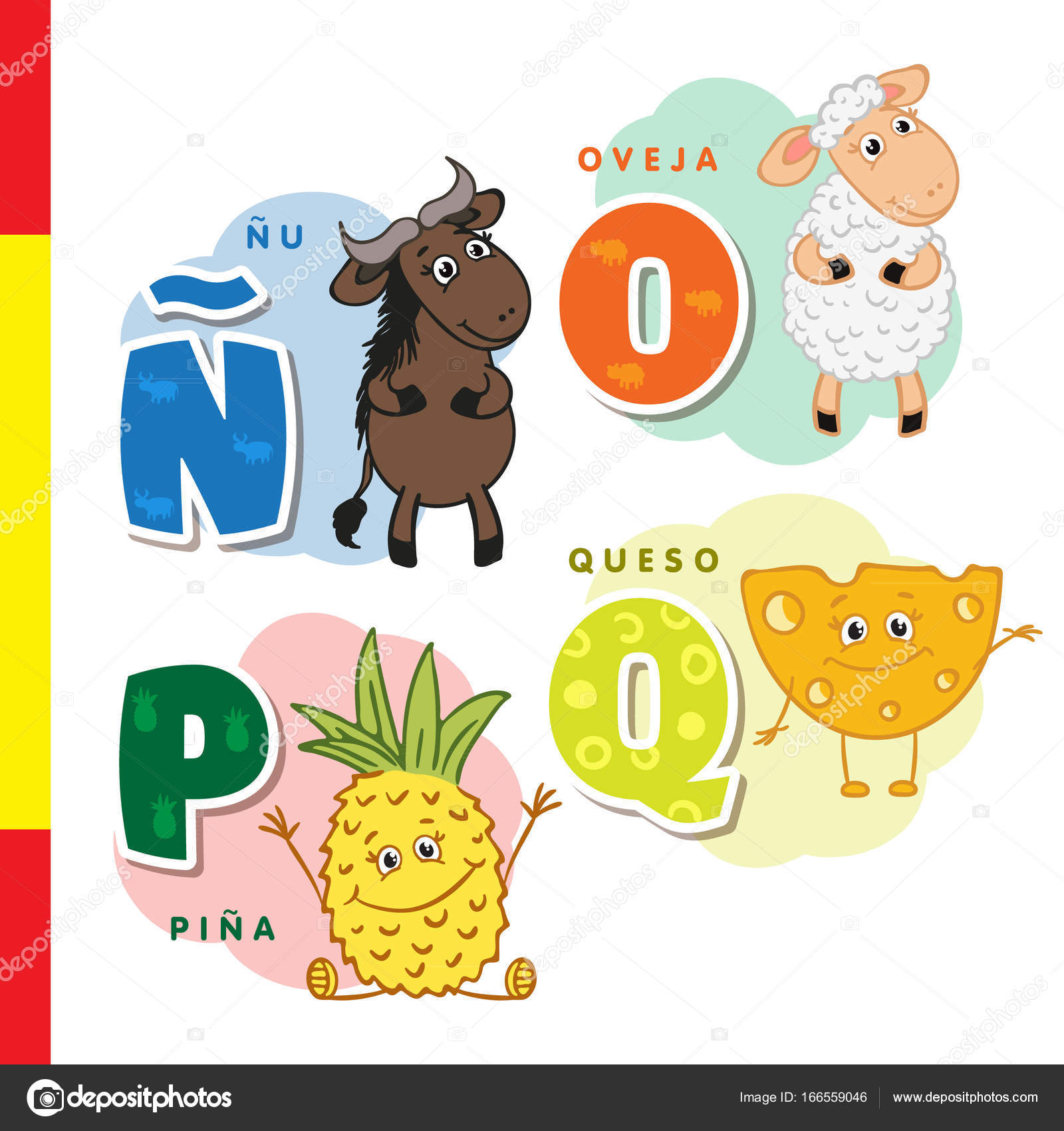 Spanish alphabet. Wildebeest, sheep, pineapple, cheese. Vector letters and characters. Stock