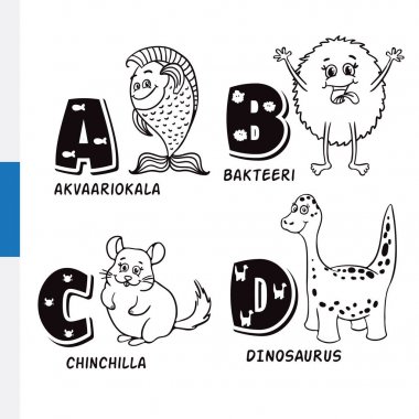 Fin alfabe. Akvaryum balık, bakteri, chinchilla, dinozor. Vektör harf ve karakter.